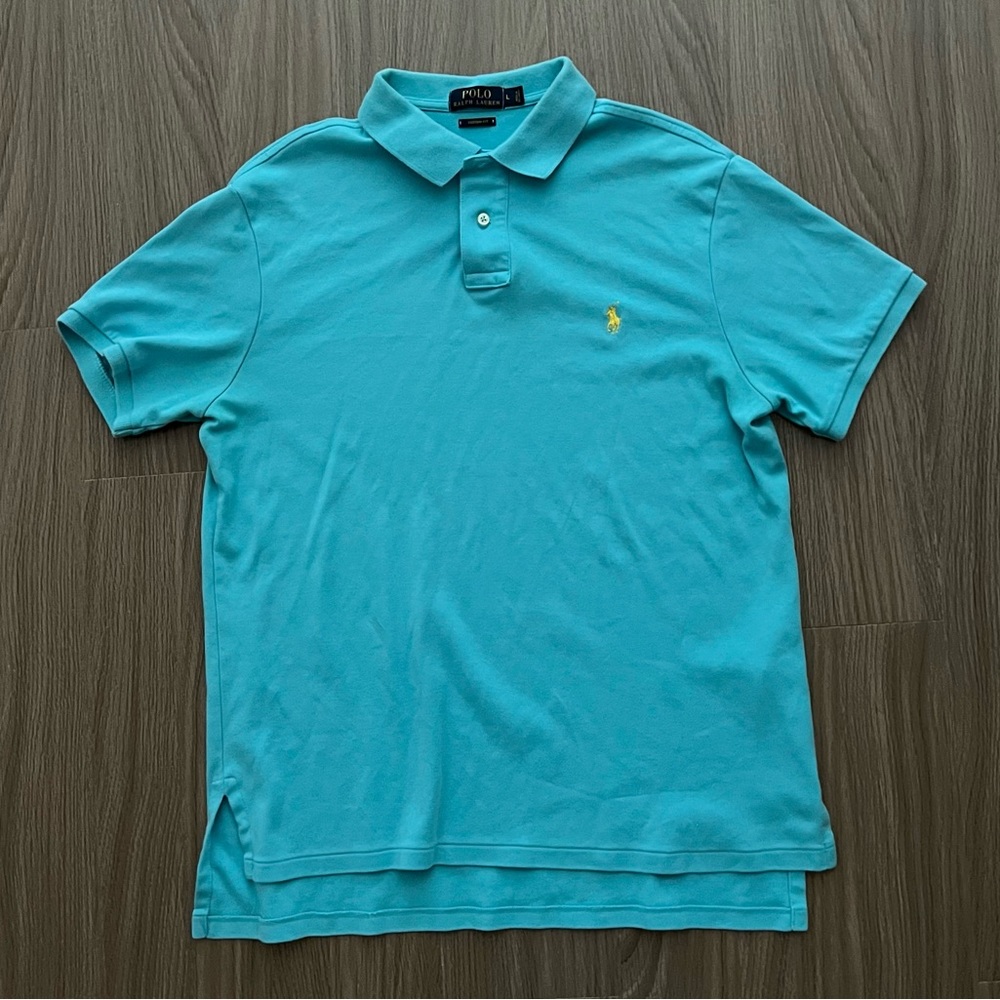 Ralph Lauren Polo Shirt Custom Fit Mens Large Teal Aqua Blue Short Sleeve EUC